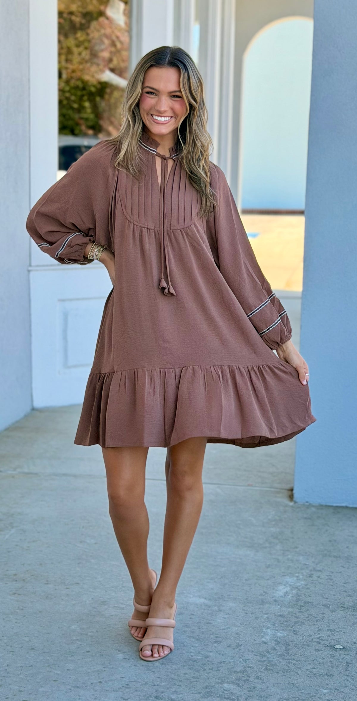 Mocha Pleated Smock Tiered Dress