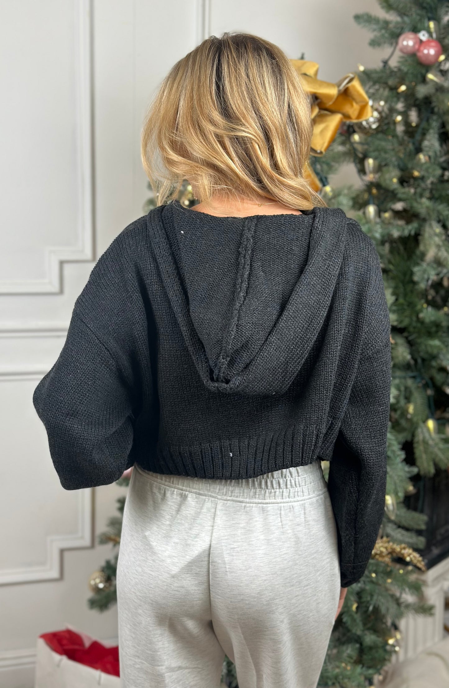 Knit Zip Up Hoodie Sweater, Black