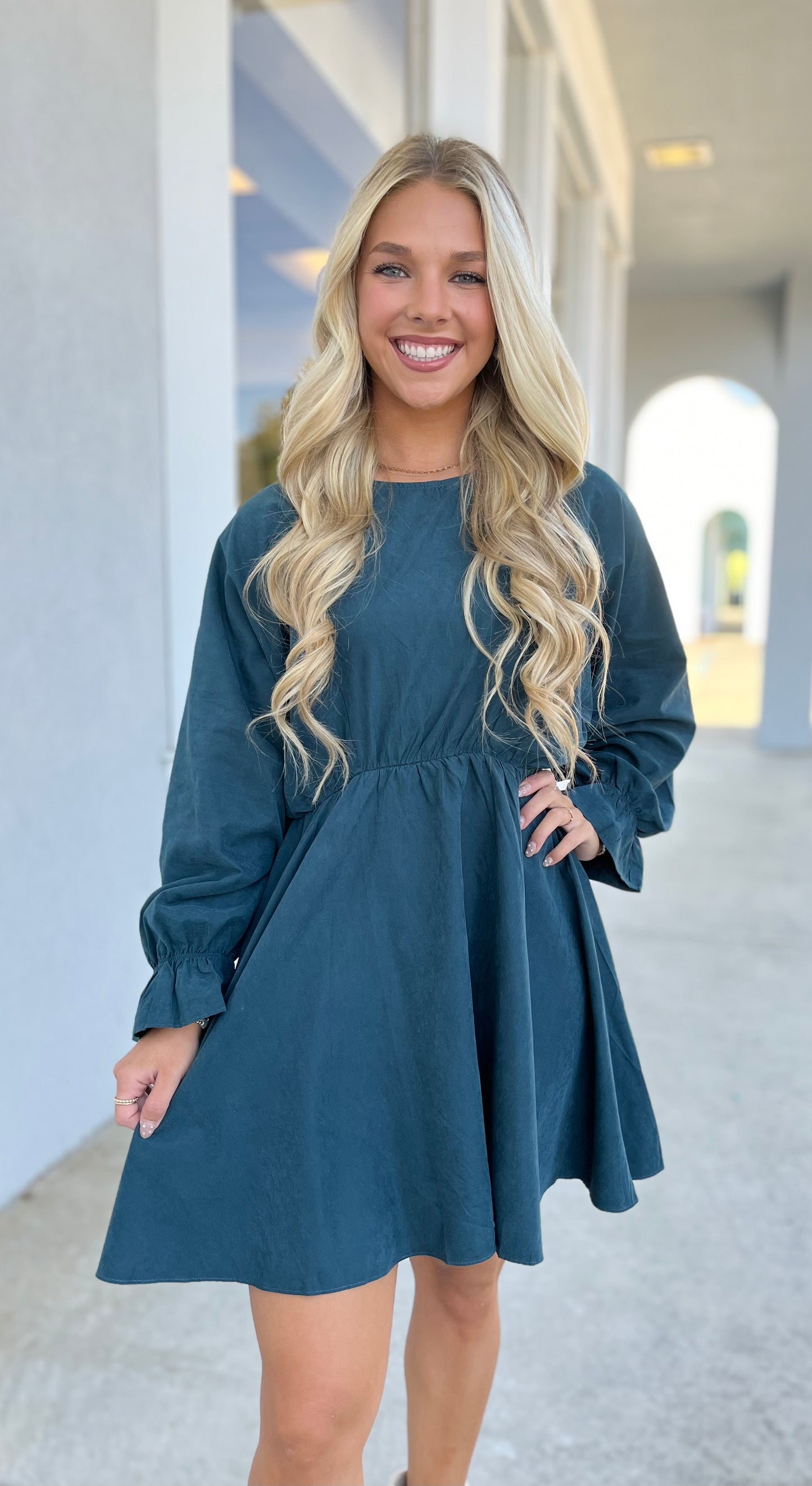 Green Long Sleeve Ruffle Dress