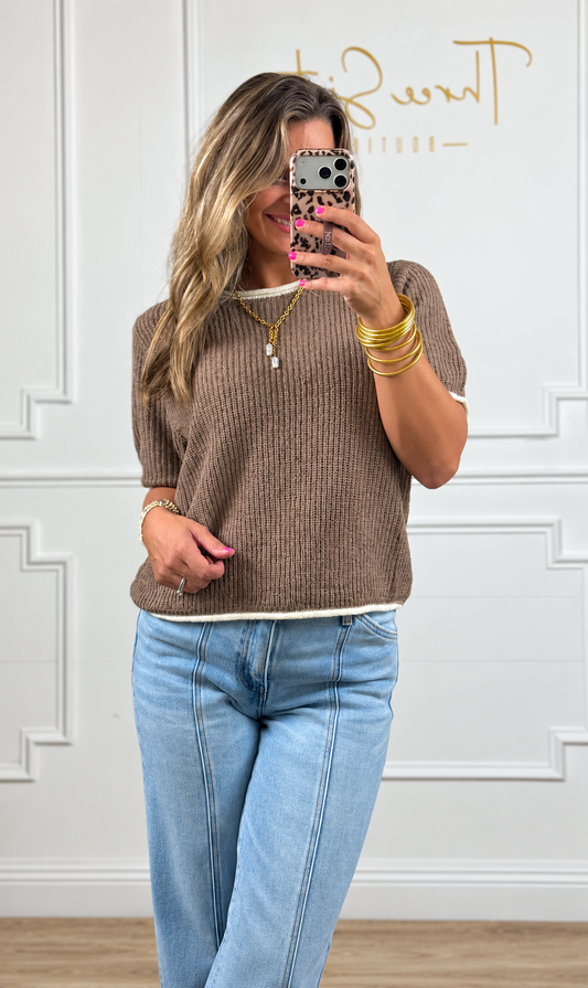 Puff Sleeve Raised Rib Knit Sweater, Mocha