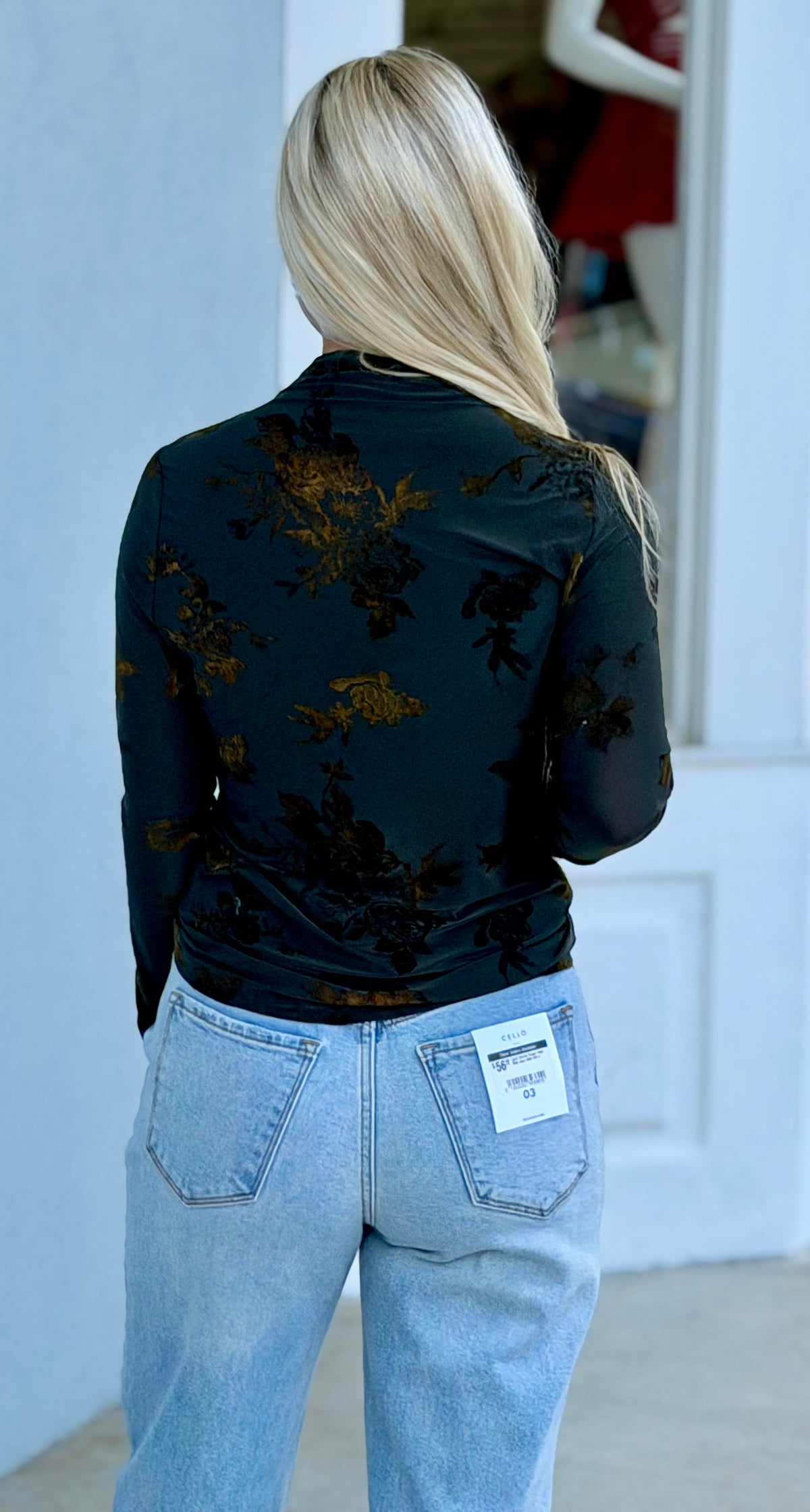 Olive Floral Mock Neck Burnout Top