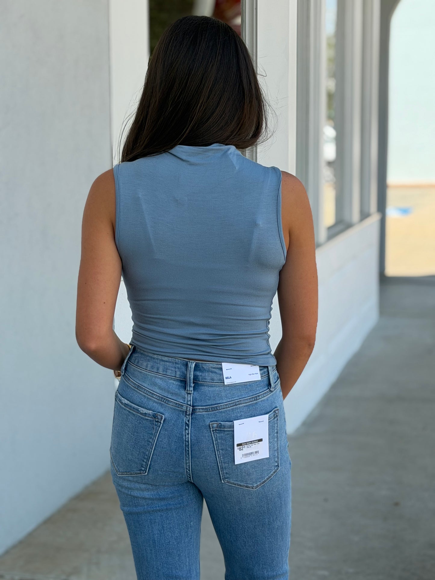 Mock Neck Ruched Sleeveless Knit Top, Light Teal