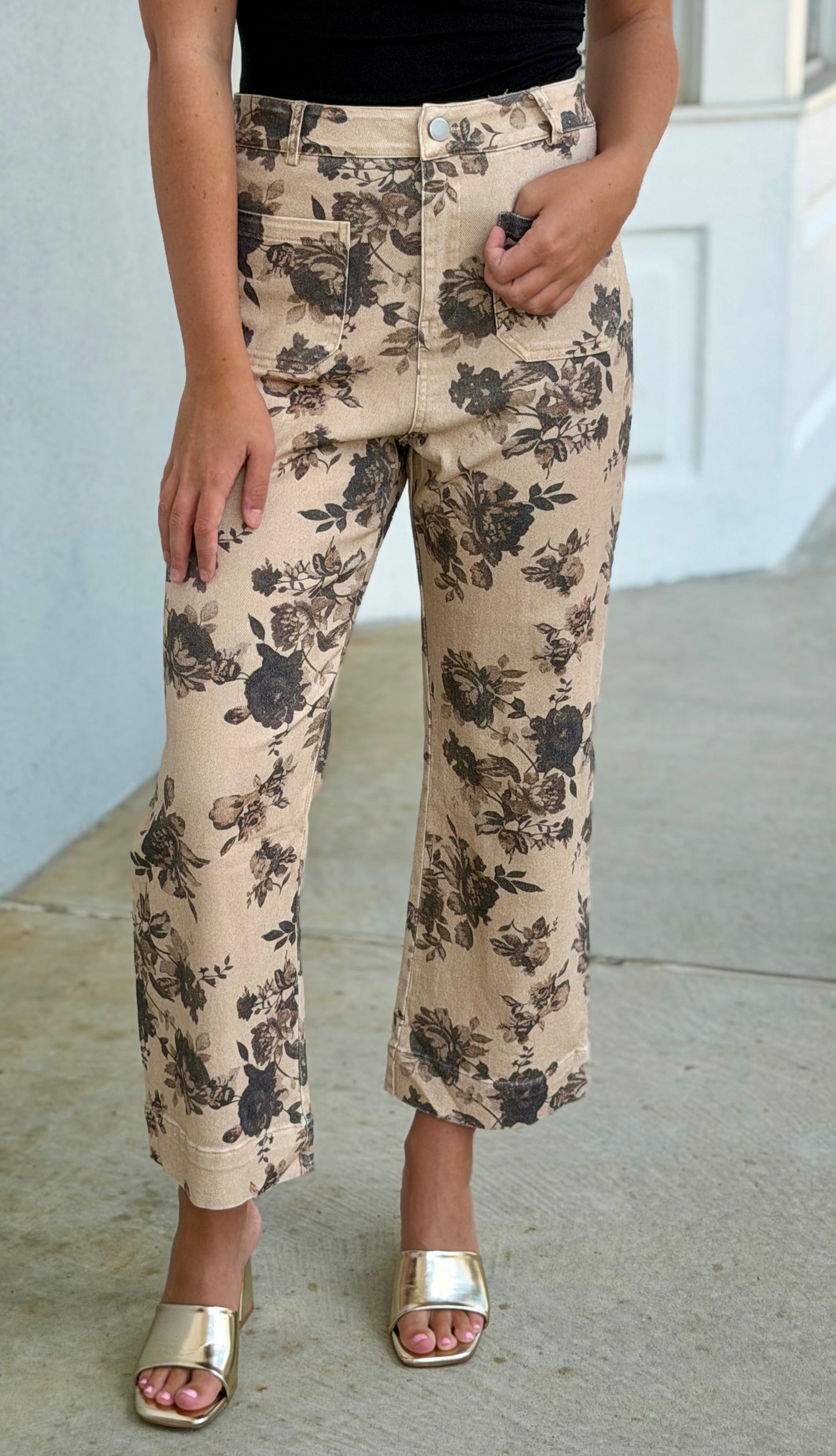Taupe Stretch Flower Print Pants
