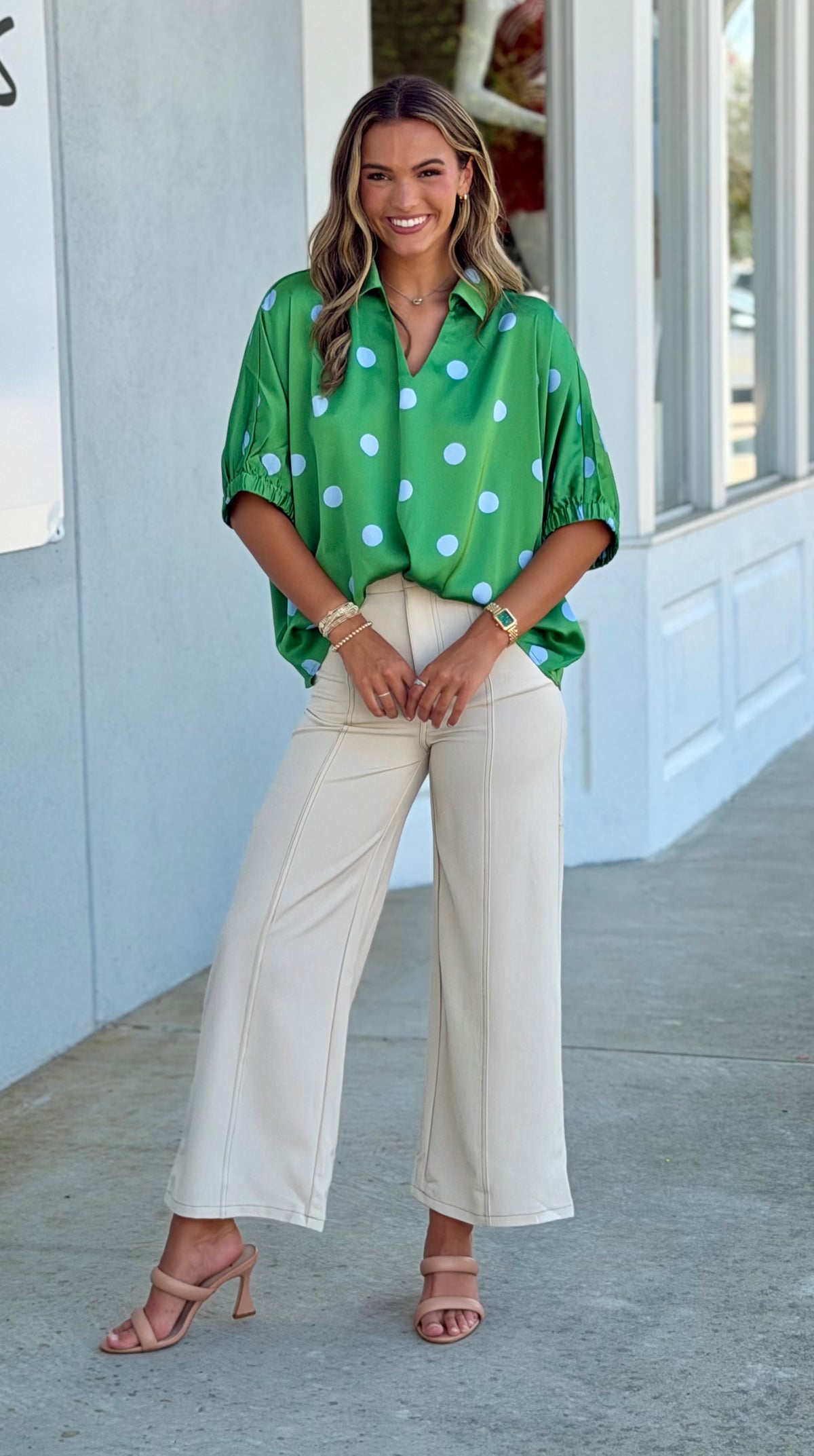Green Polka Dot Satin Top