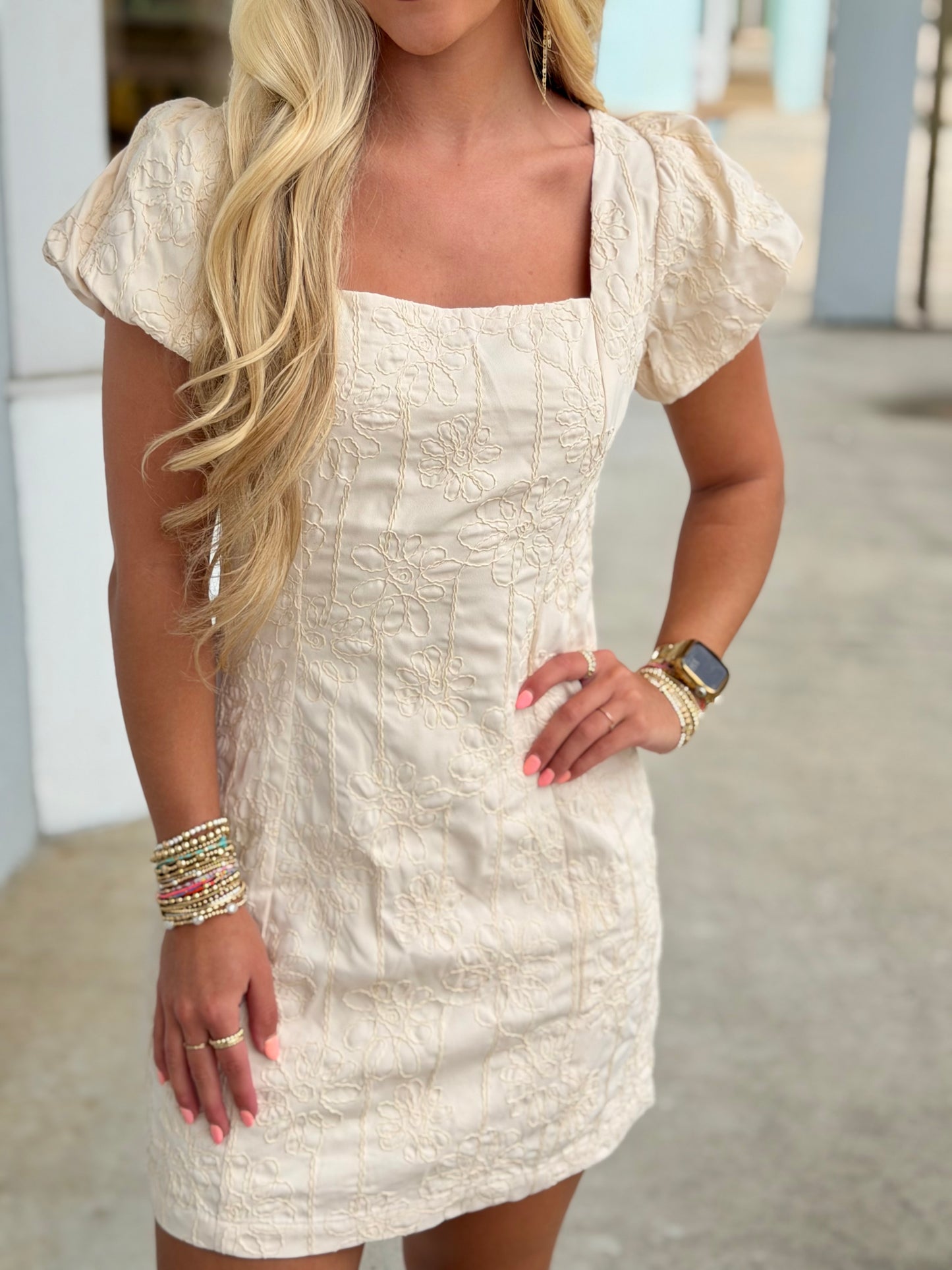 Beige Embroidered Puff Sleeve Square Neck Dress