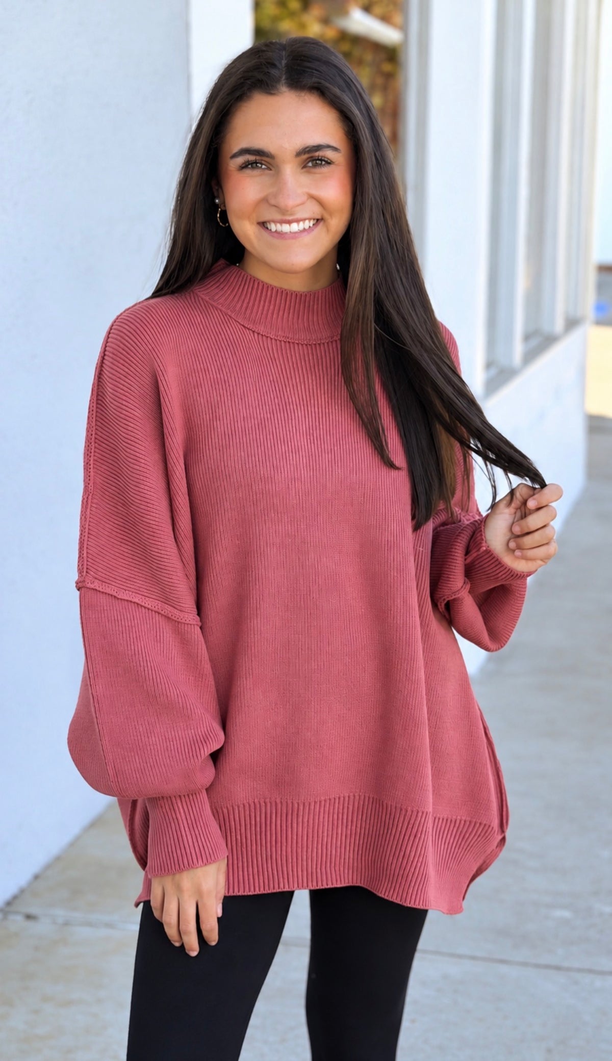 Side Slit Oversized Sweater, Winter Rose