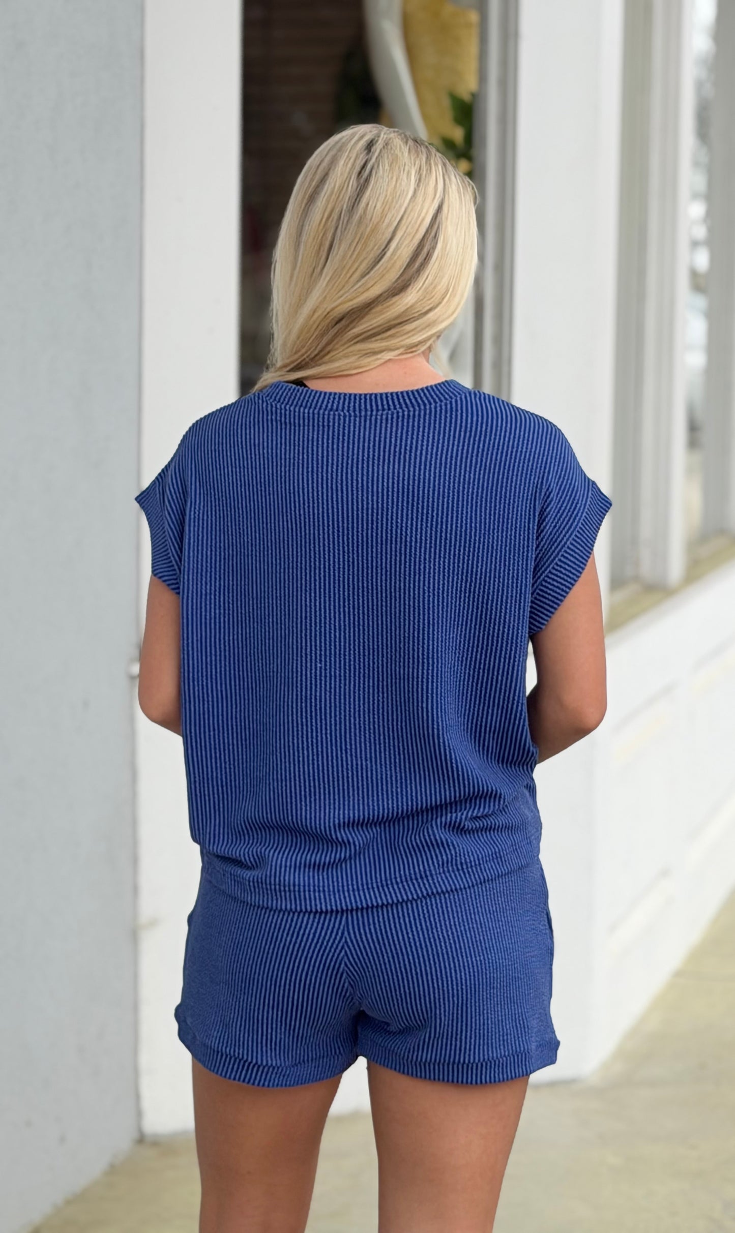 Raised Rib Cap Sleeve Top & Shorts SET, Classic Blue