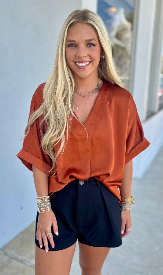 V Neck High Low Blouse, Rust