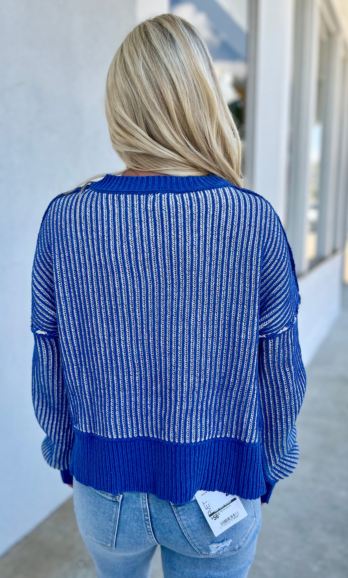 Two Tone Striped Sweater, Royal Blue