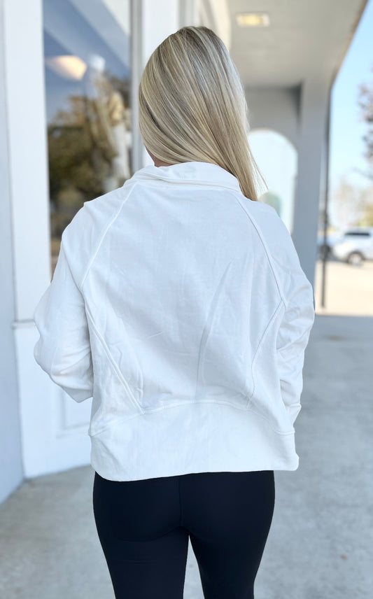 White Half Zip Sweater with Pockets