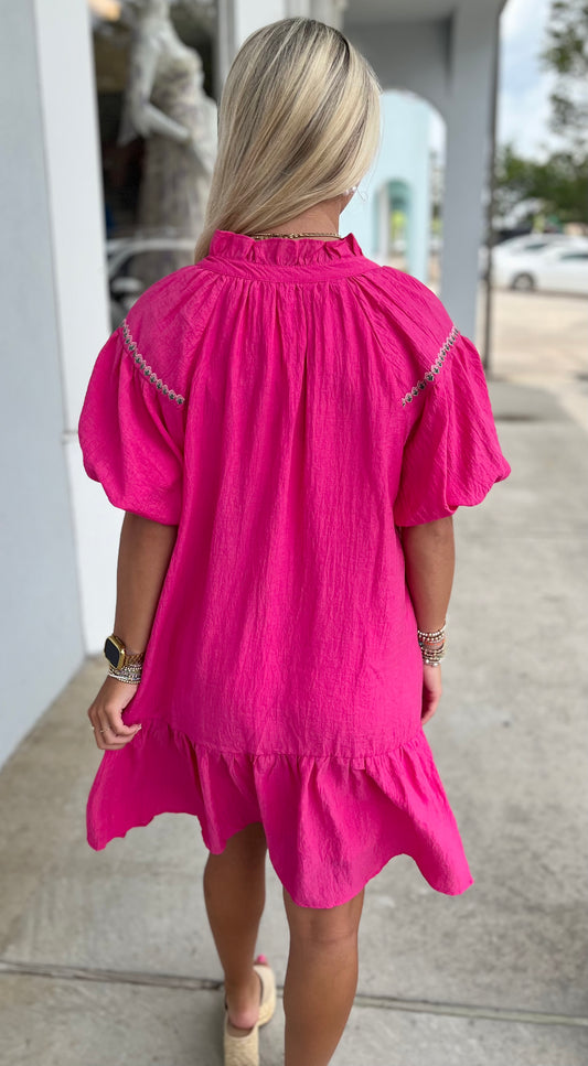 Fuchsia Floral Puff Sleeve Dress