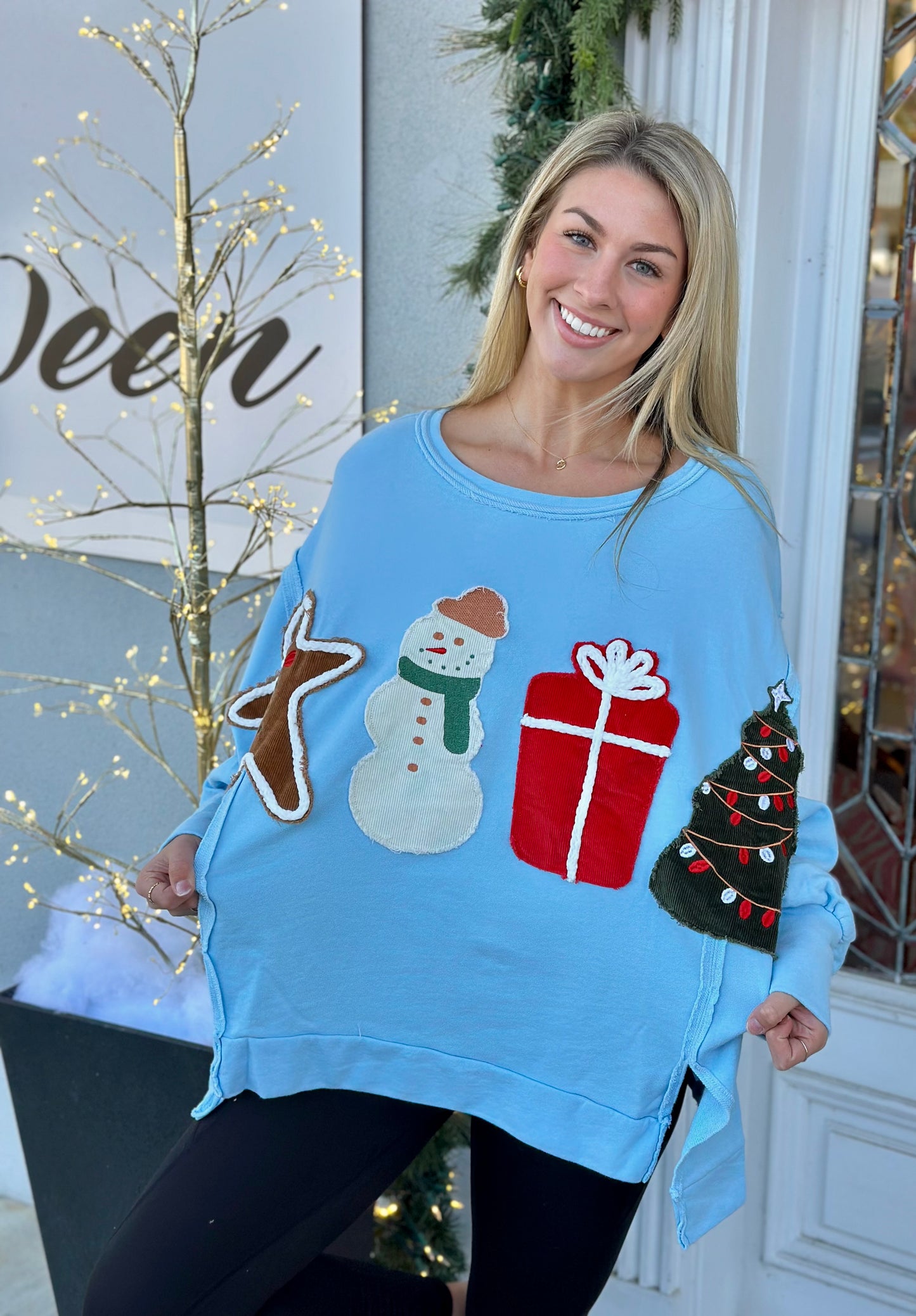 Lt Blue Corduroy Christmas Patches Sweater