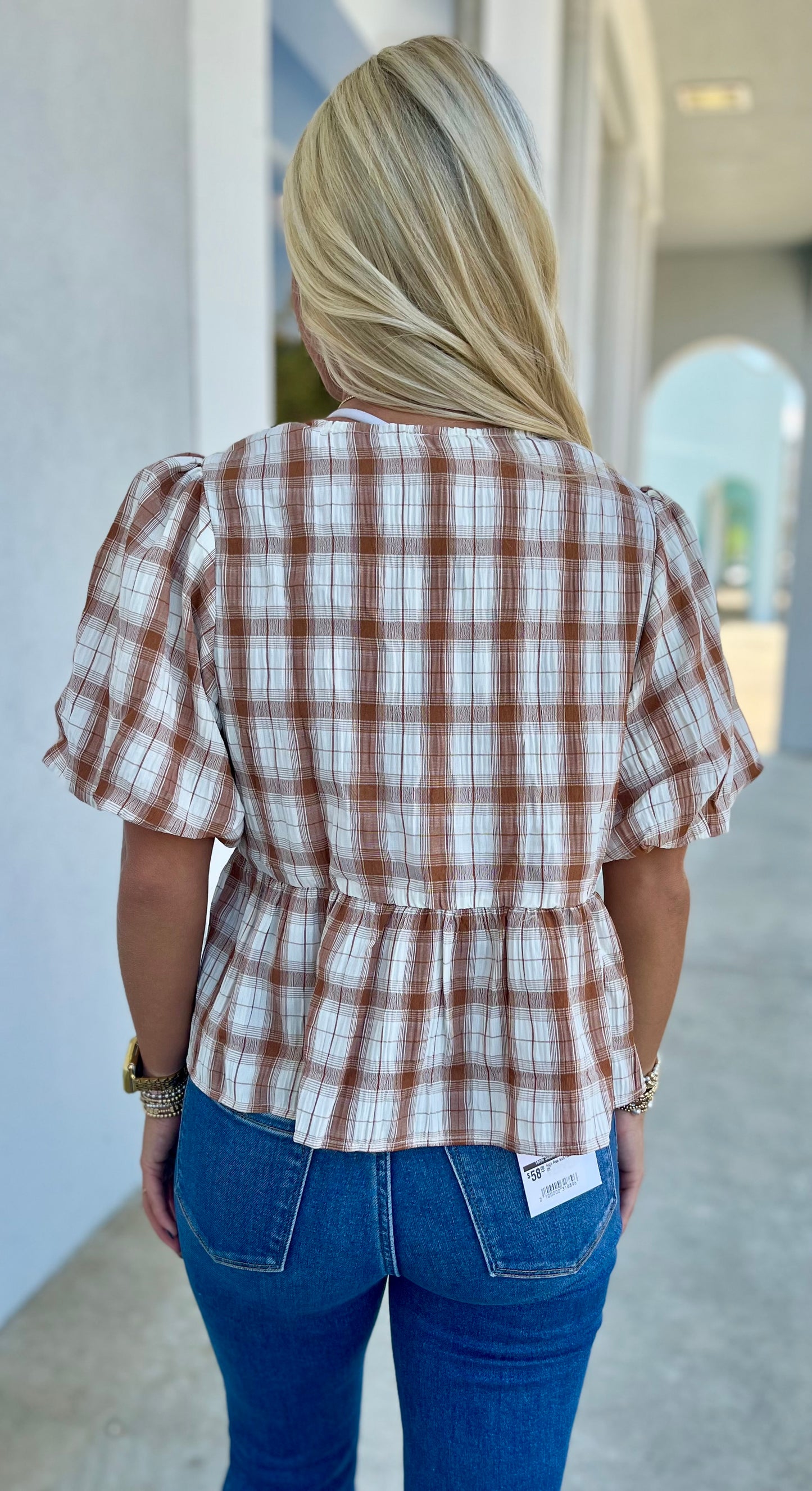 Brown Plaid Bubble Sleeve Top W Ties