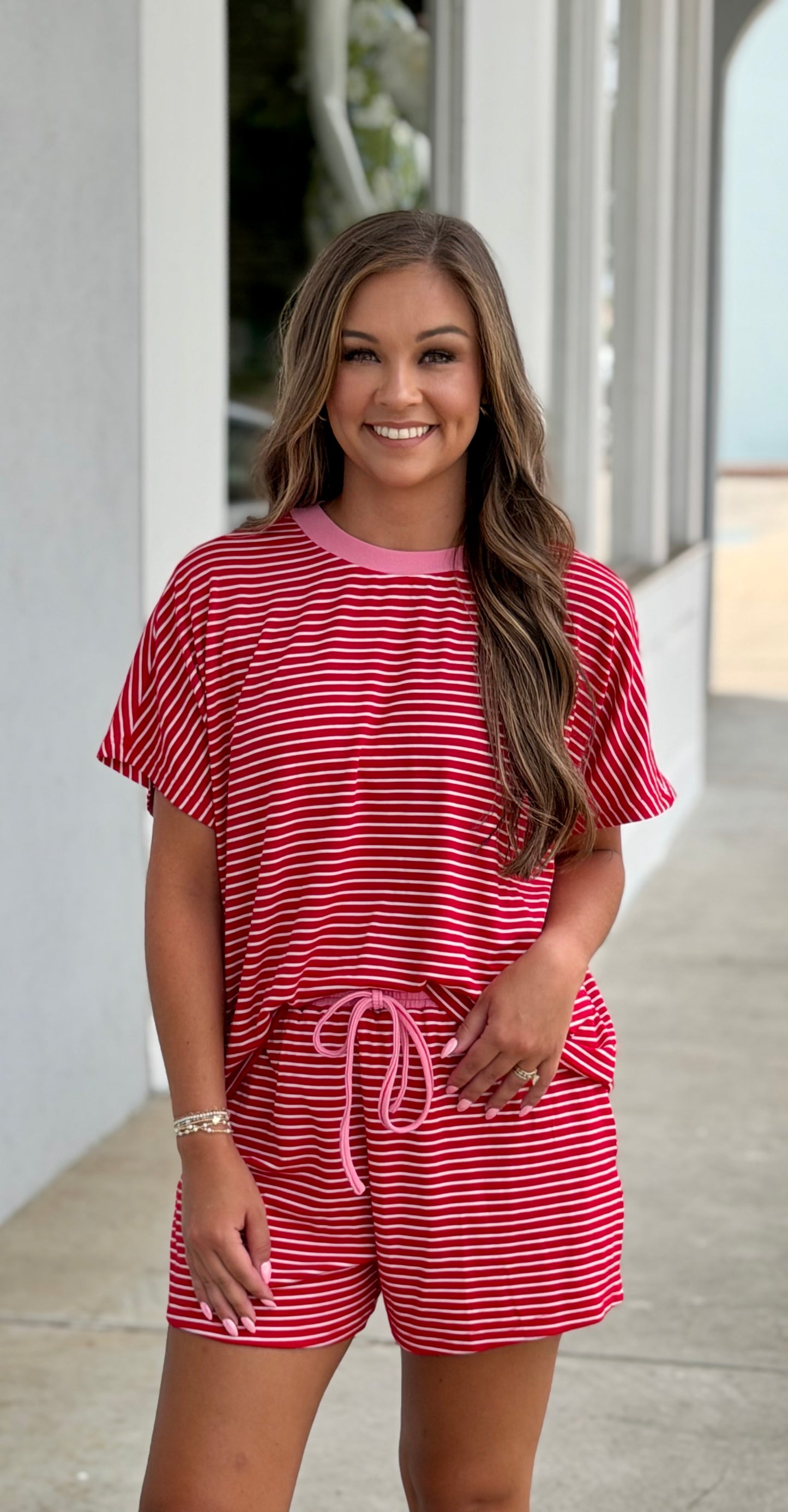 Red/Candy Pink Stripe Knit Top and Shorts SET