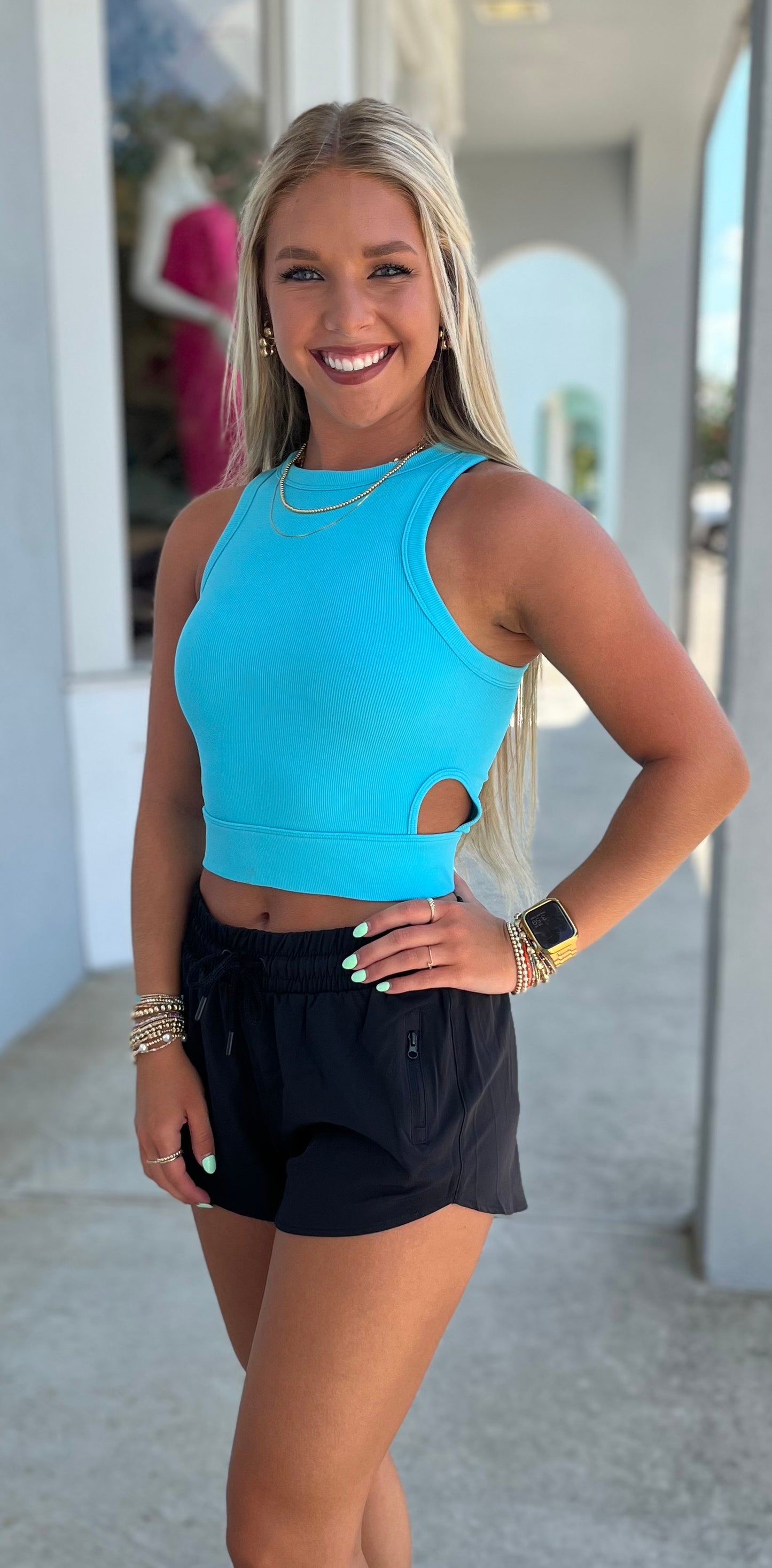 Turquoise Cut Out Banded Crop Tank