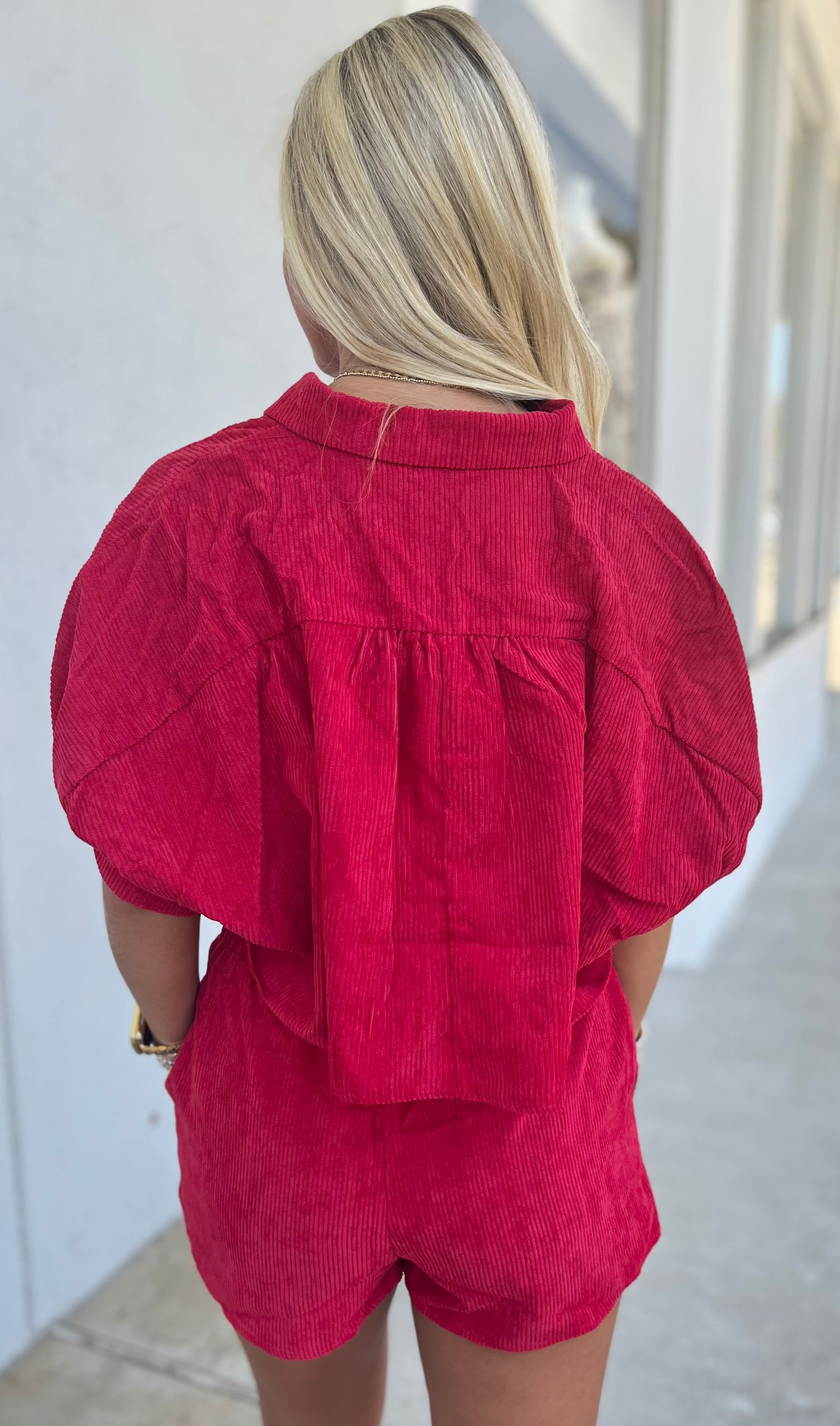 Red Corduroy Button Down Shirt With Shorts SET