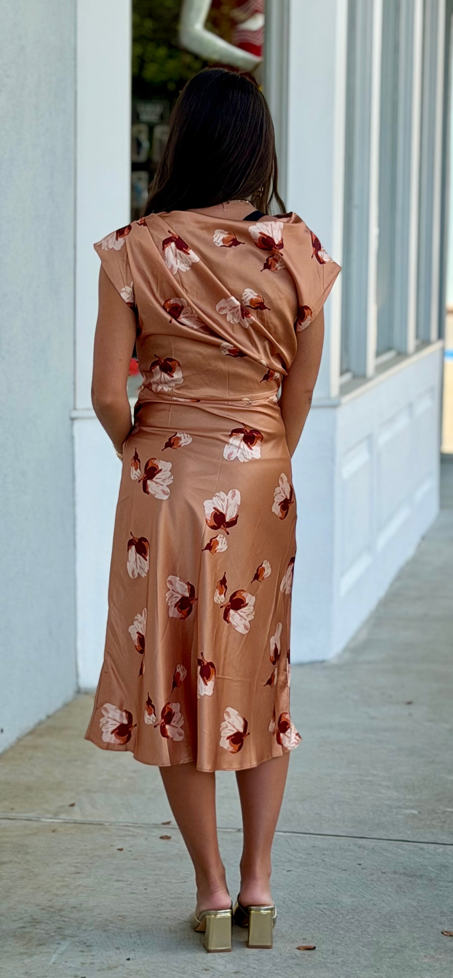 Taupe Floral Asymmetrical Midi Dress
