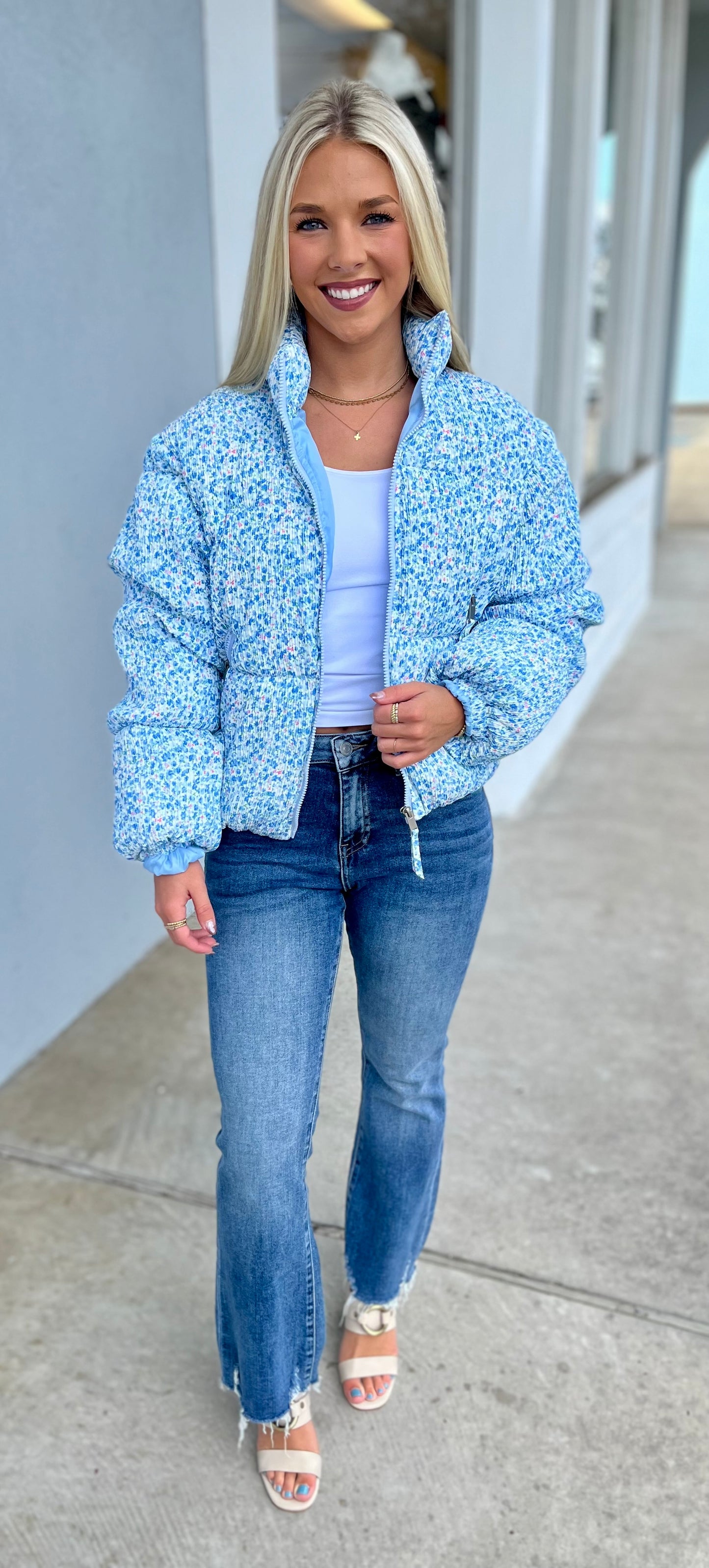 Blue Ditsy Floral Printed Puffer Jacket