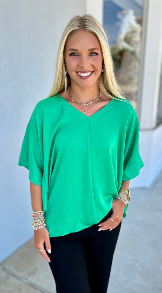 V Neck Kimono Sleeve Top , Green