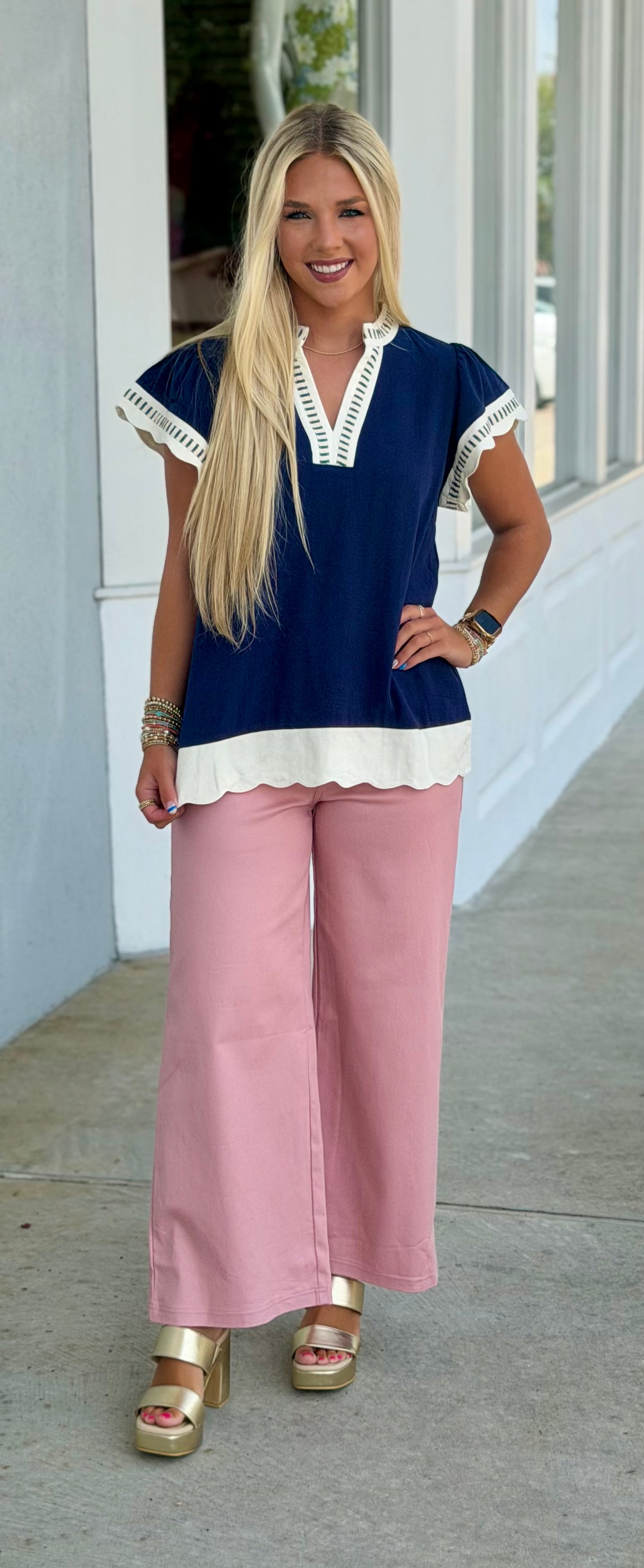 Linen Scallop Trim Top, Navy