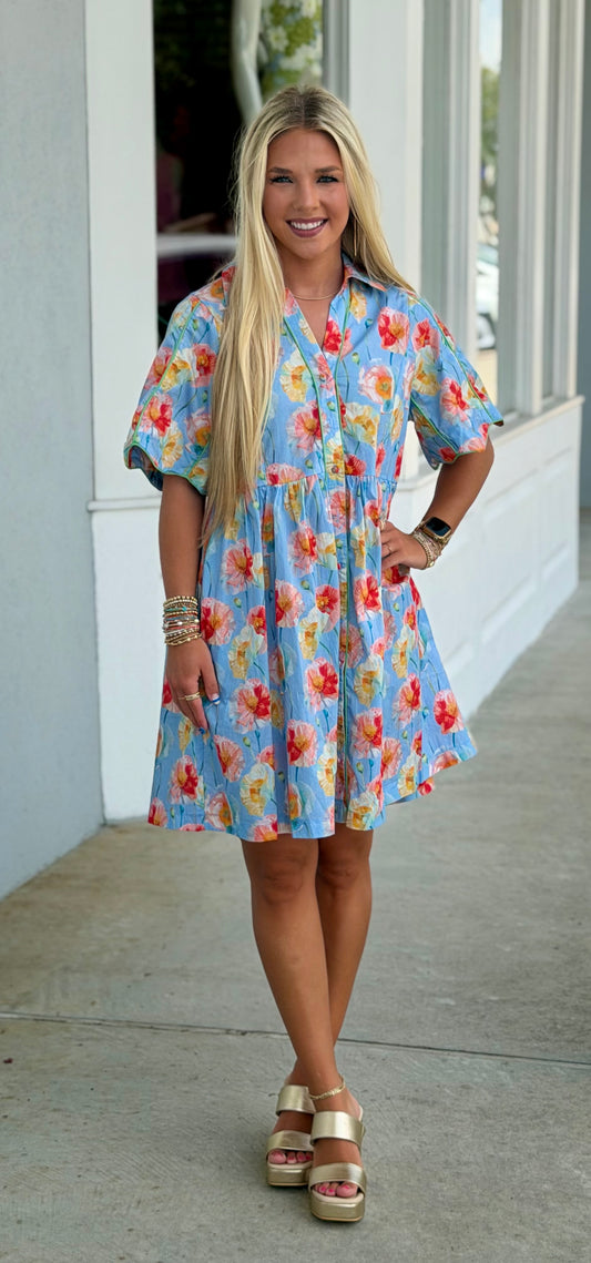 Lt Blue Floral Button Front Babydoll Dress