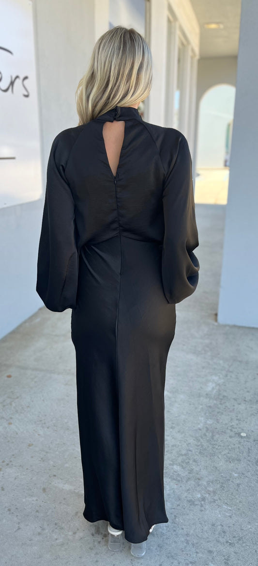 Black Mock Neck V Neck Maxi Dress