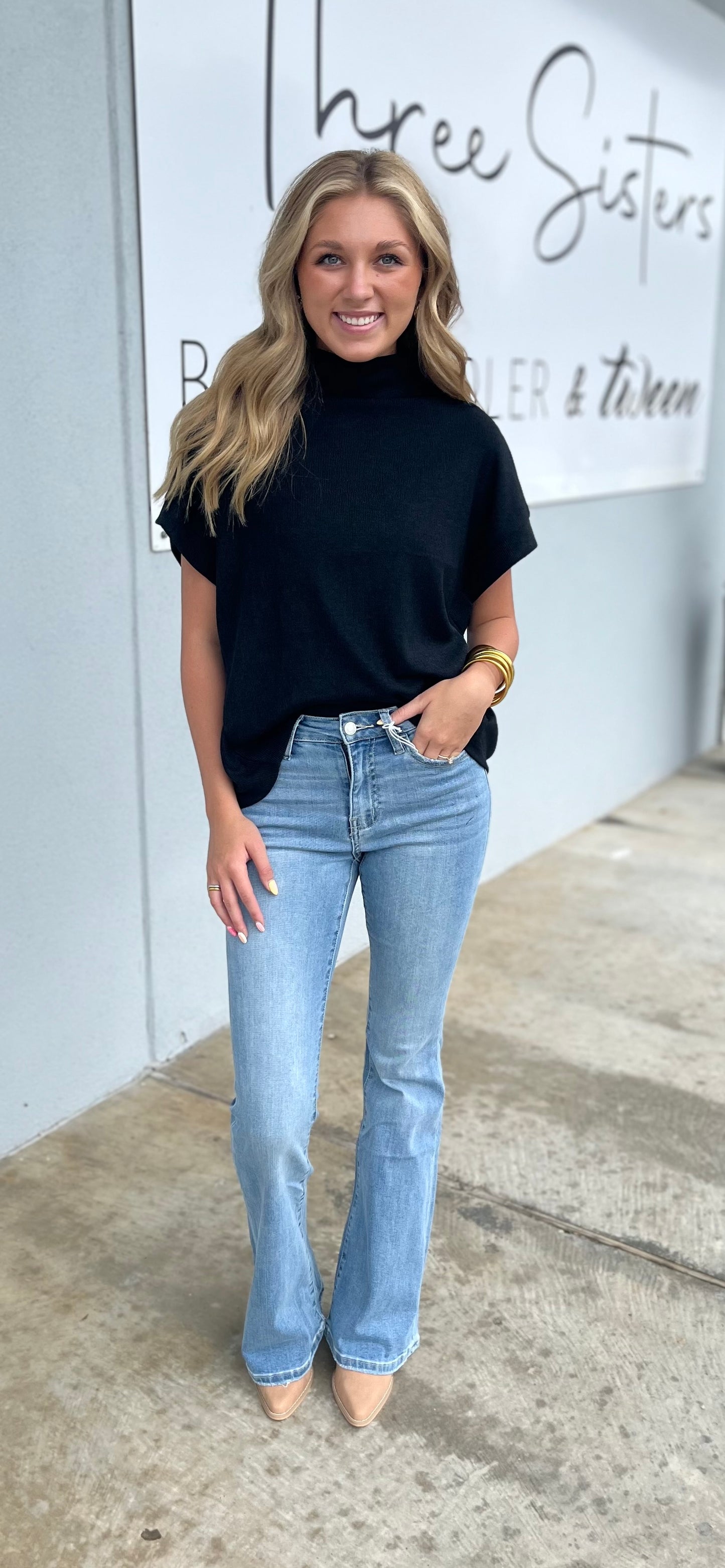 Short Sleeve Mock Neck Top With Rolled Cuffs, Black