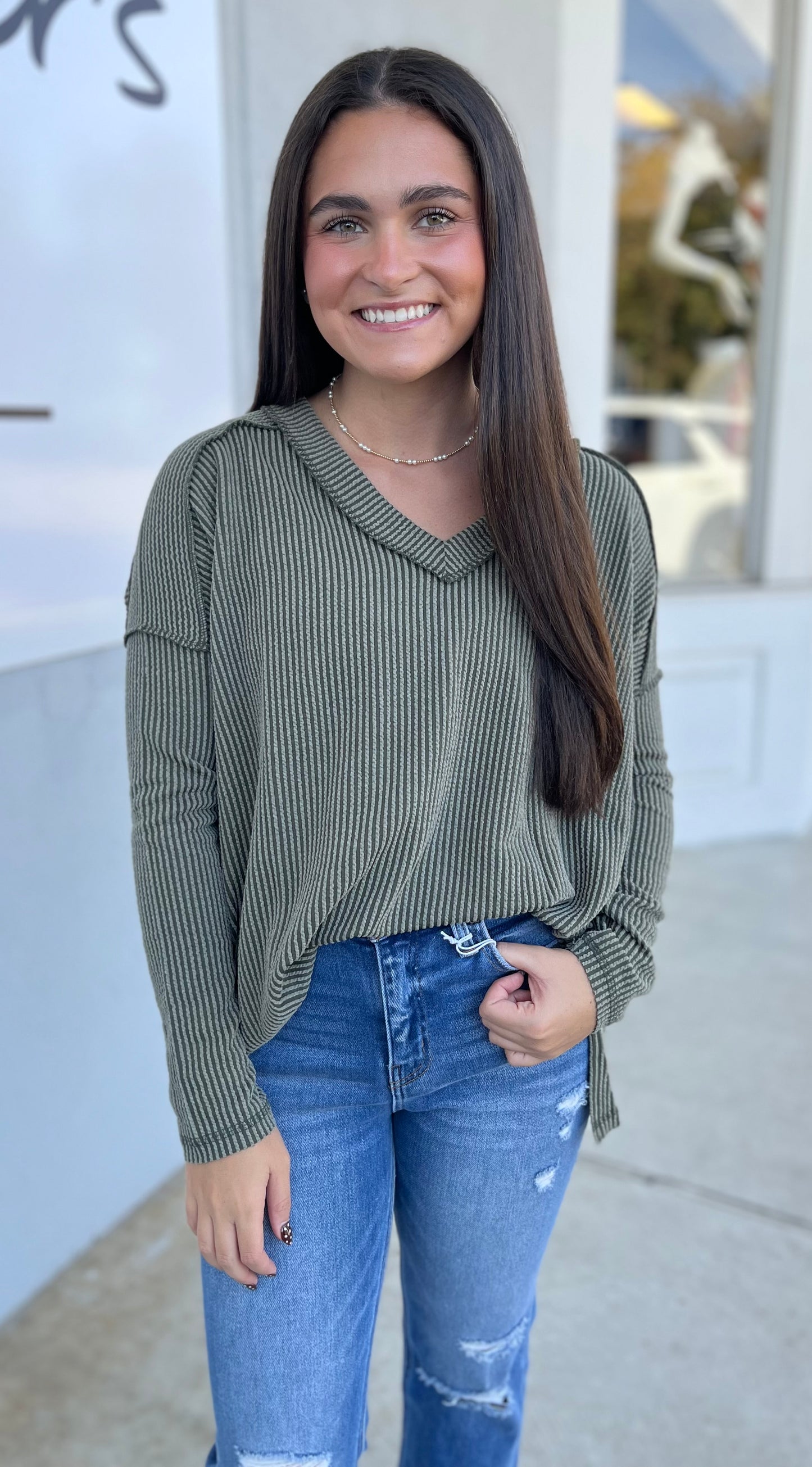 Corded Rib Long Sleeve V Neck Top, Dk Olive