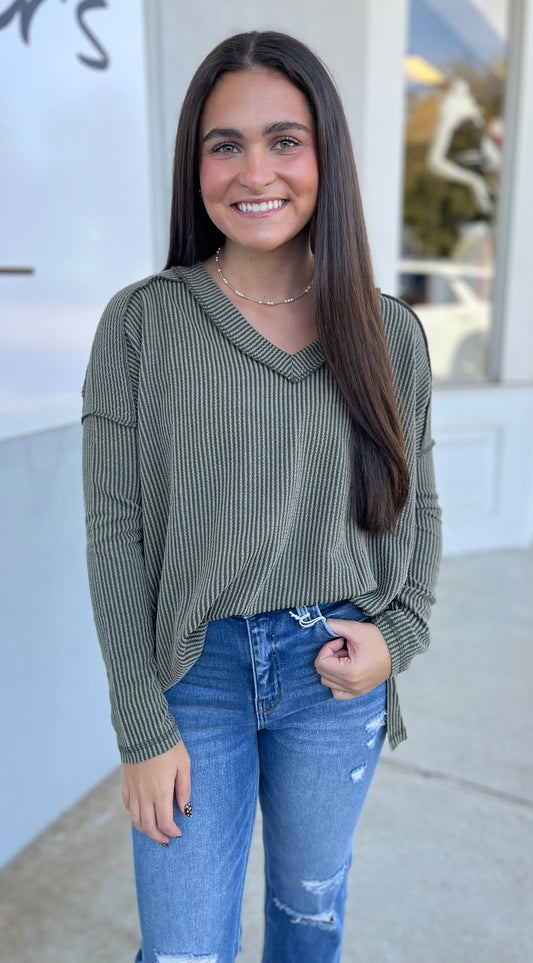 Corded Rib Long Sleeve V Neck Top, Dk Olive