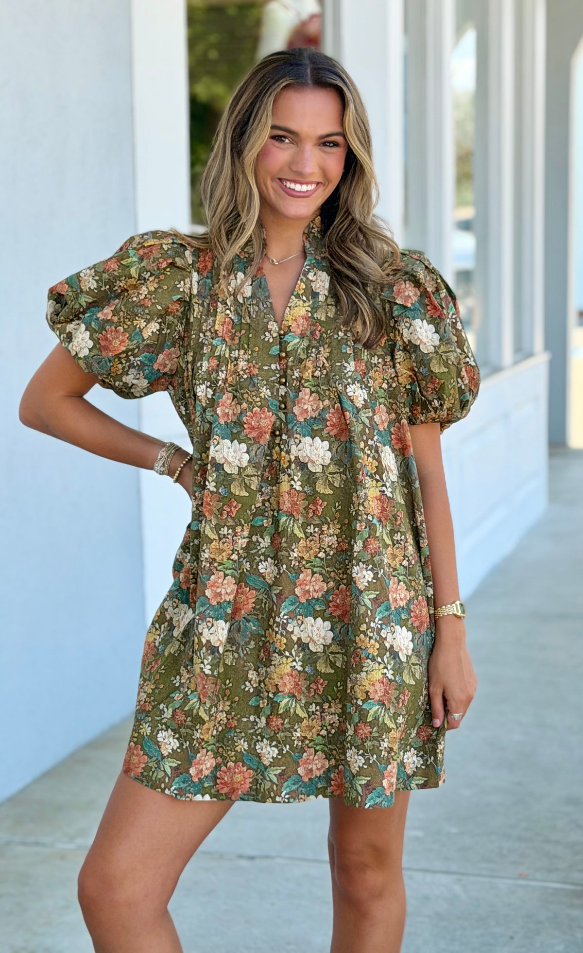 Olive Floral Print Ruffle Collar Dress