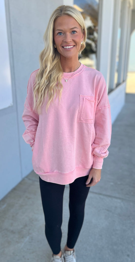 French Terry Acid Wash Front Pocket Pullover, Dk Pink