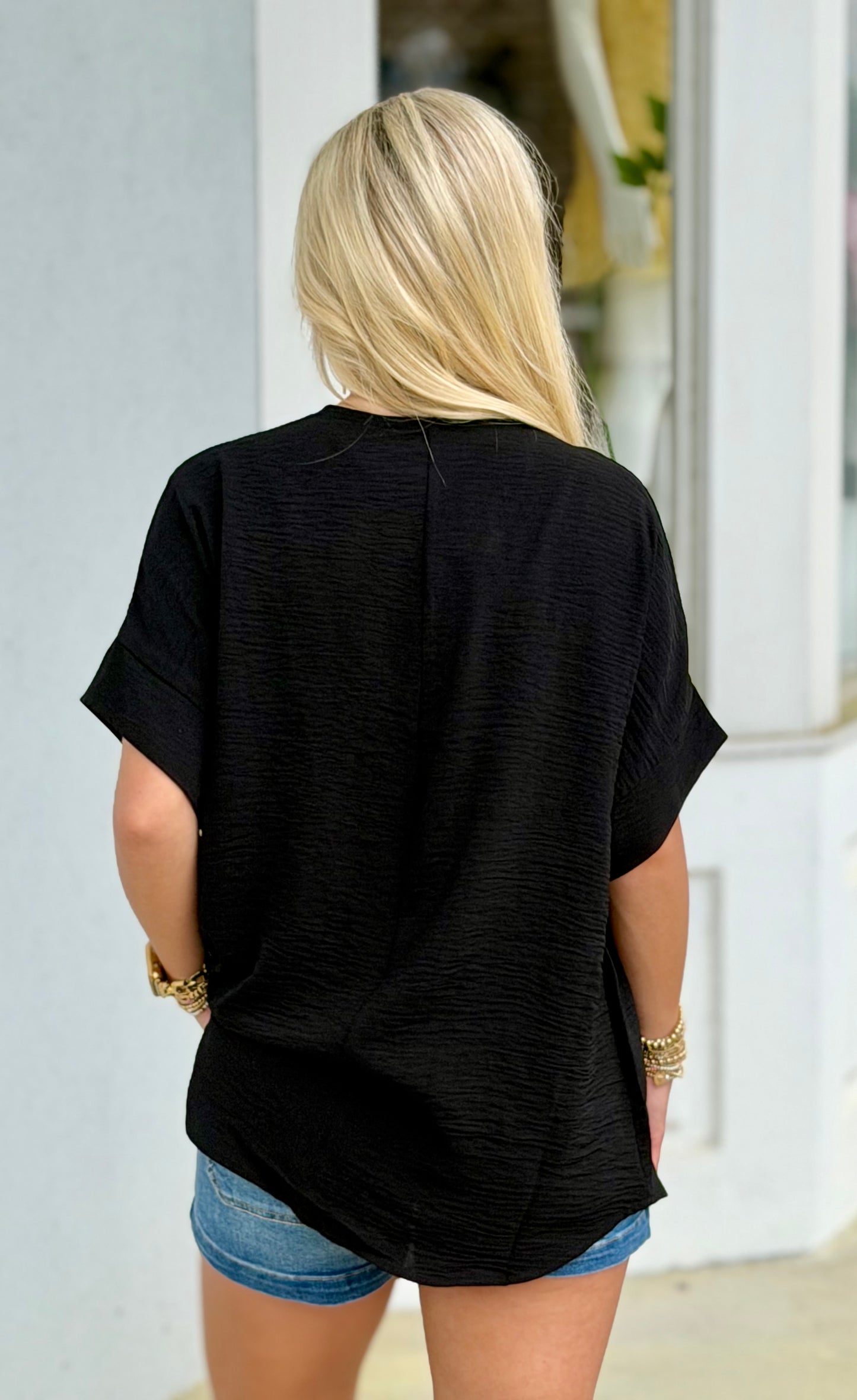Woven Airflow Split Neck Top, Black