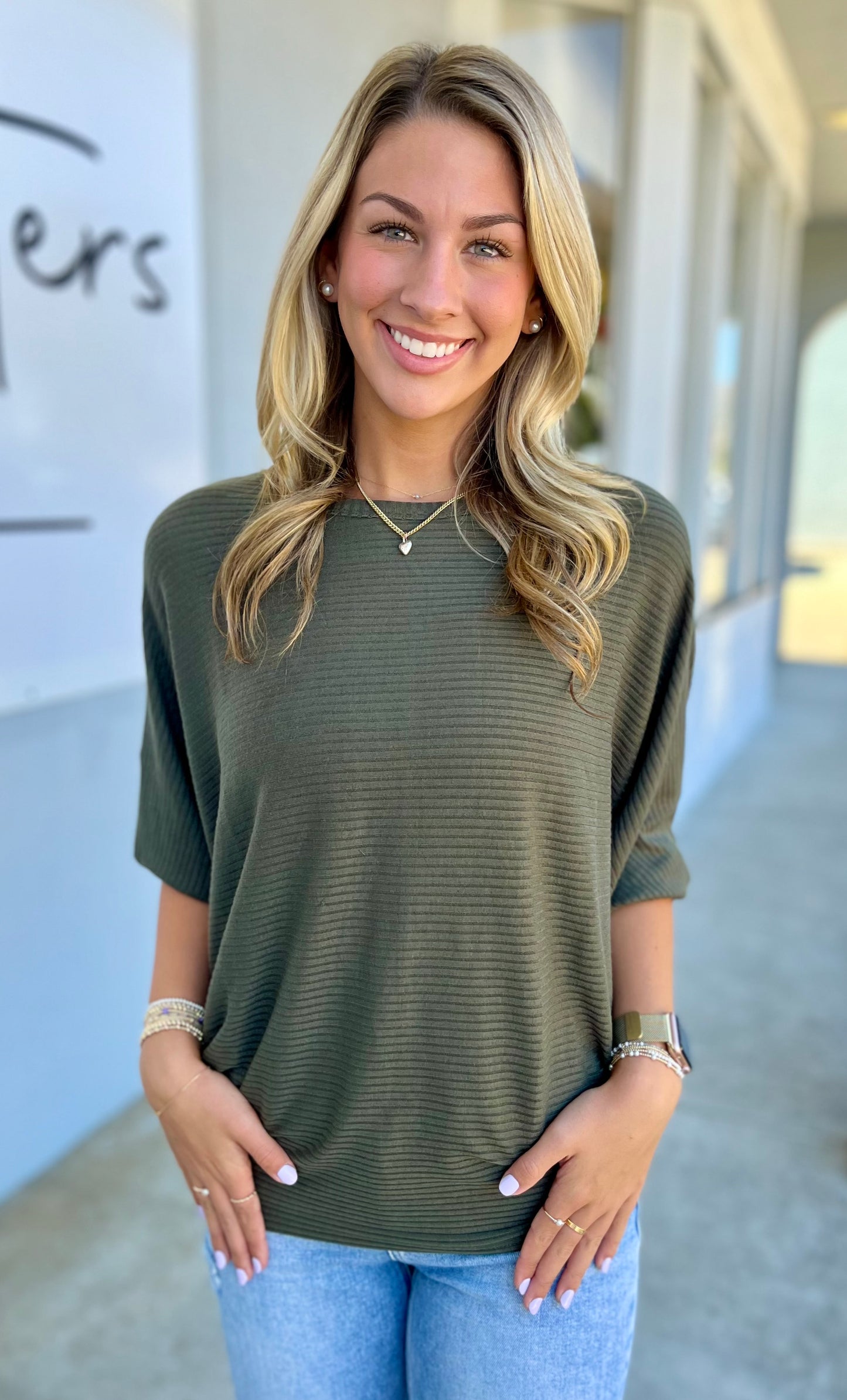 Ribbed Batwing Boat Neck Sweater, Dk Olive