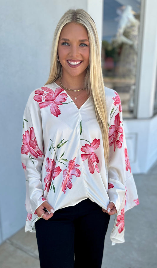 Kimono Sleeve Floral Satin Top , White