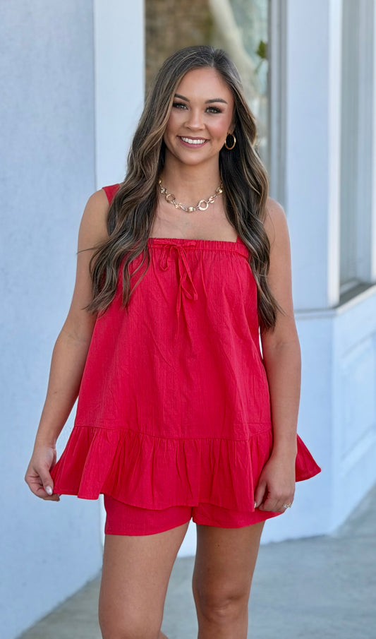 Red Cotton Cami Top & Shorts SET