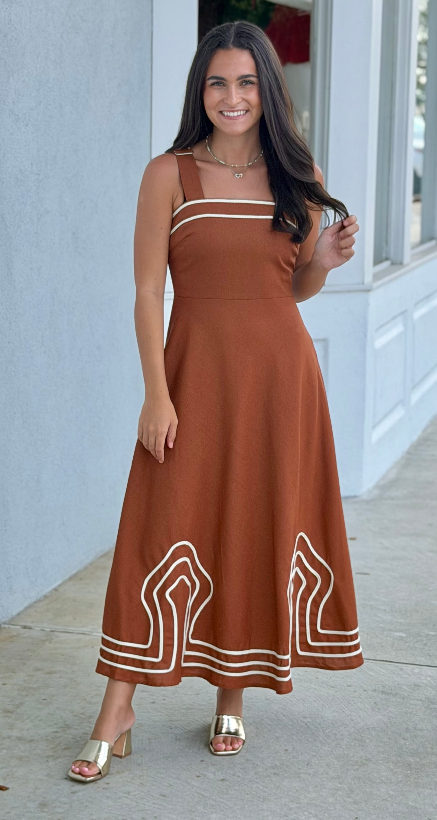 Brown Midi Dress w/ Tan Stitching Detail