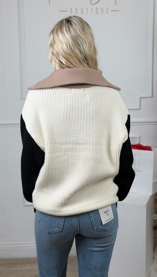 Cream Colorblock Sleeve Collared Sweater