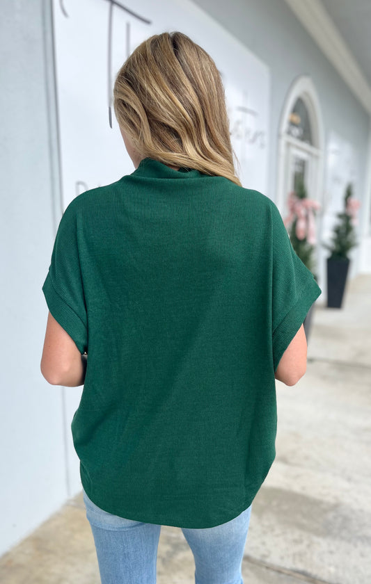 Short Sleeve Mock Neck Top With Rolled Cuffs, H Green