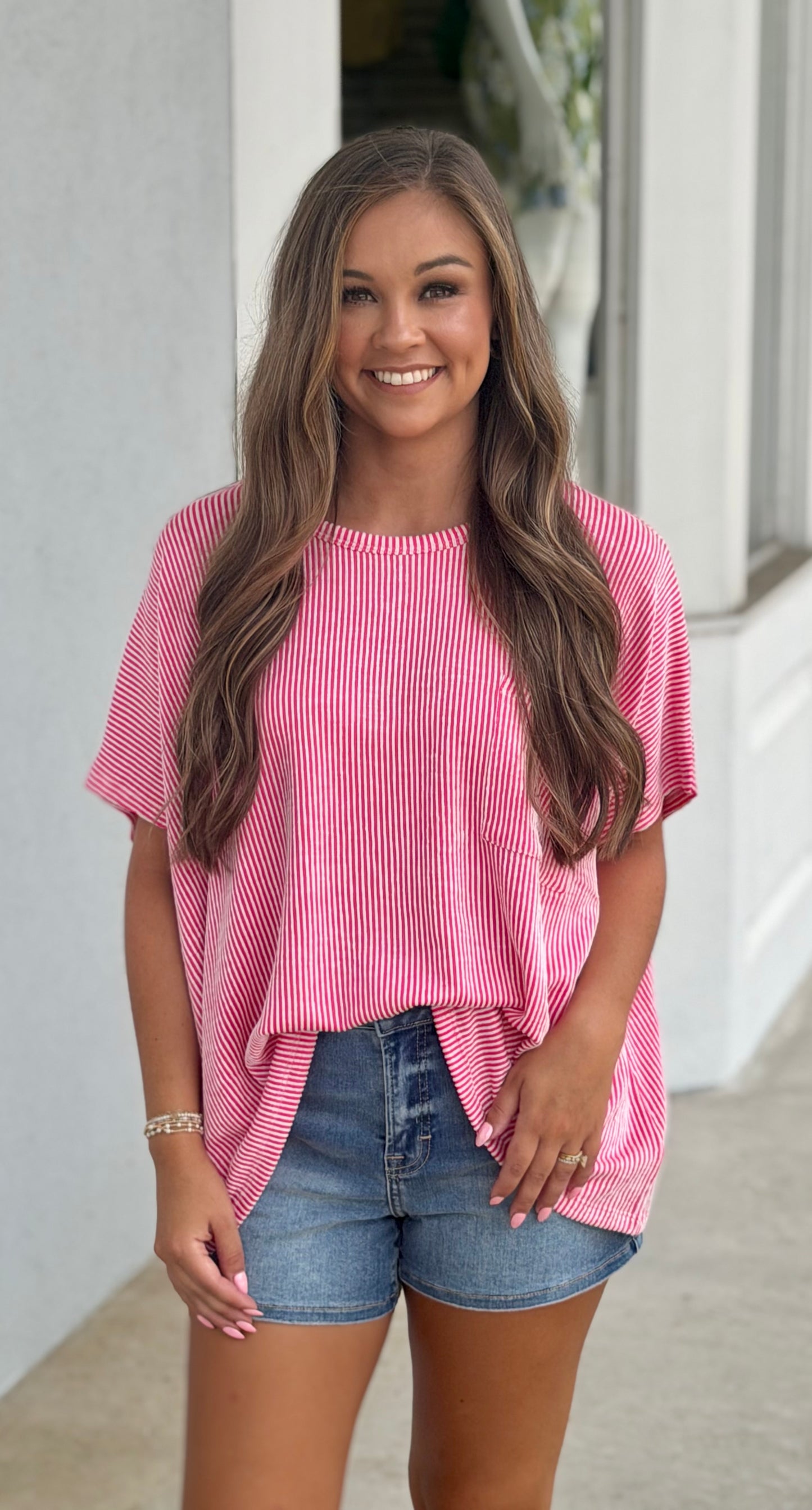 Oversized Corded Rib Top , Hot Pink