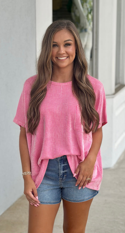 Oversized Corded Rib Top , Hot Pink