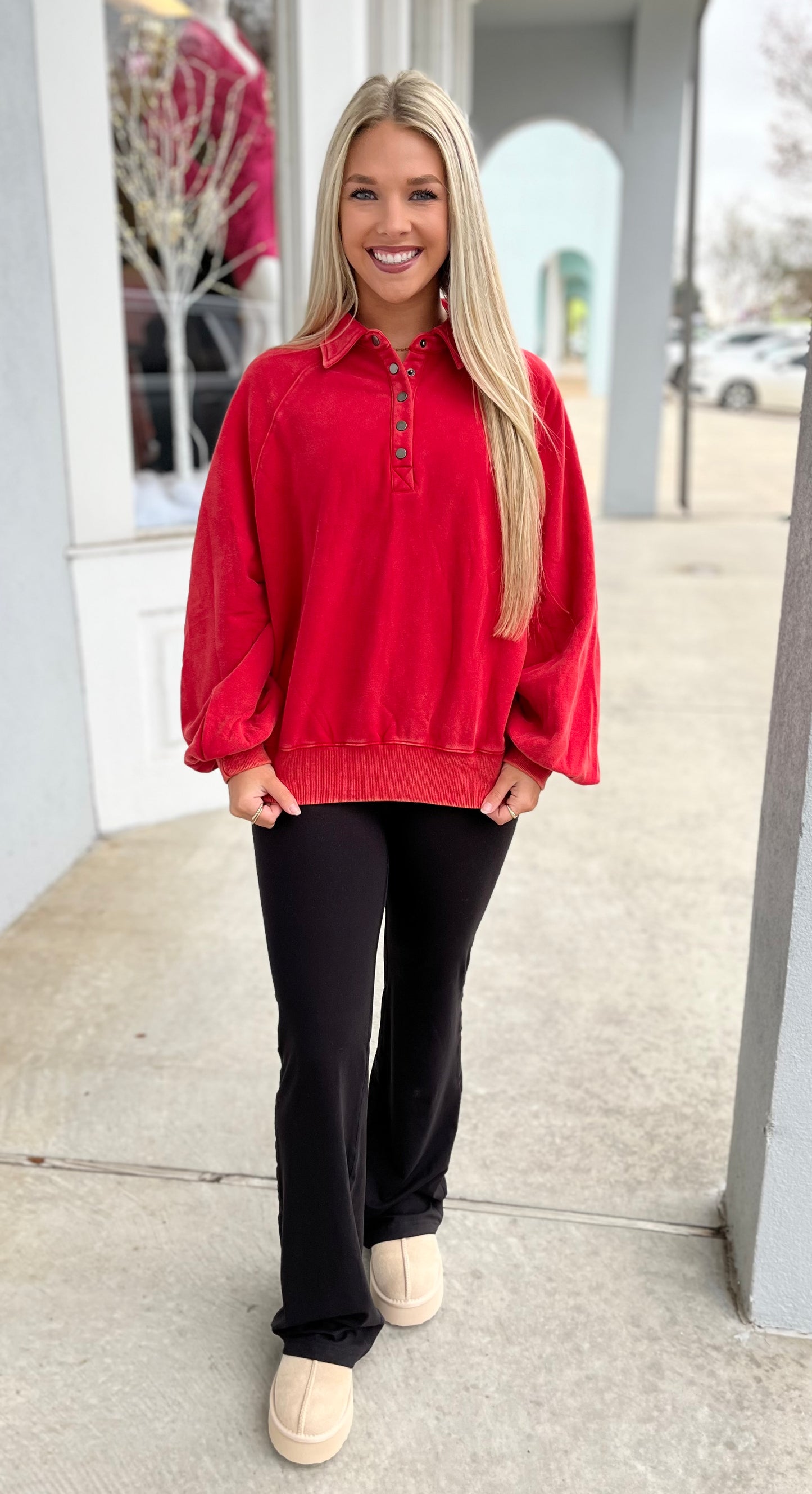 Red Snap Collared Mineral Wash Sweatshirt