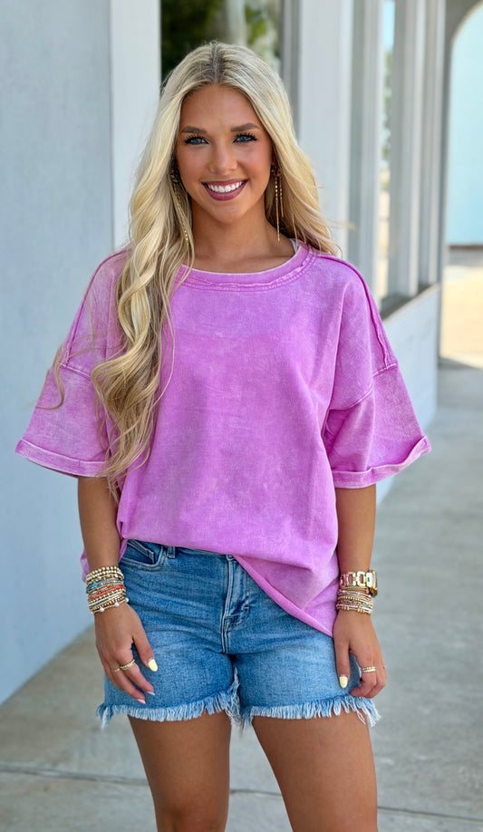 French Terry Acid Wash Tee, Bright Mauve