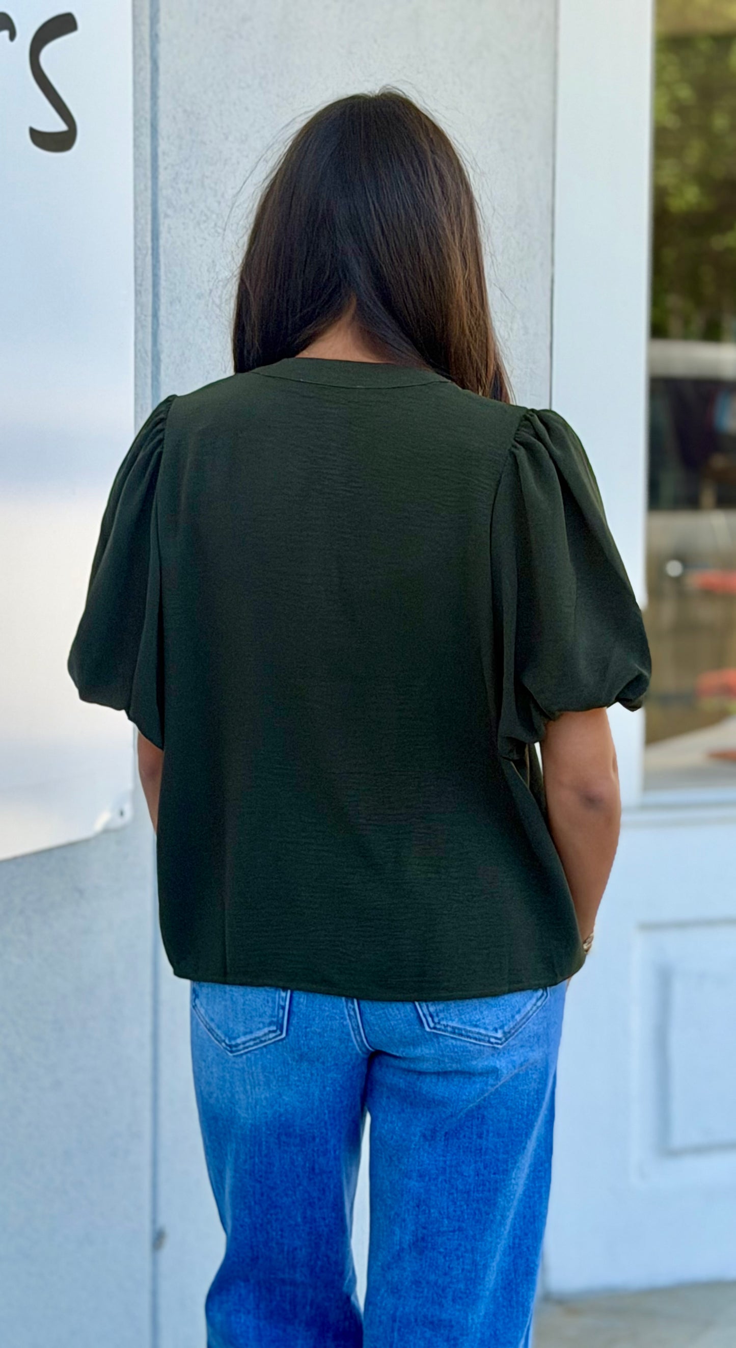 Puff Sleeve Pintuck Detail w/ Neck Tie Top, Olive