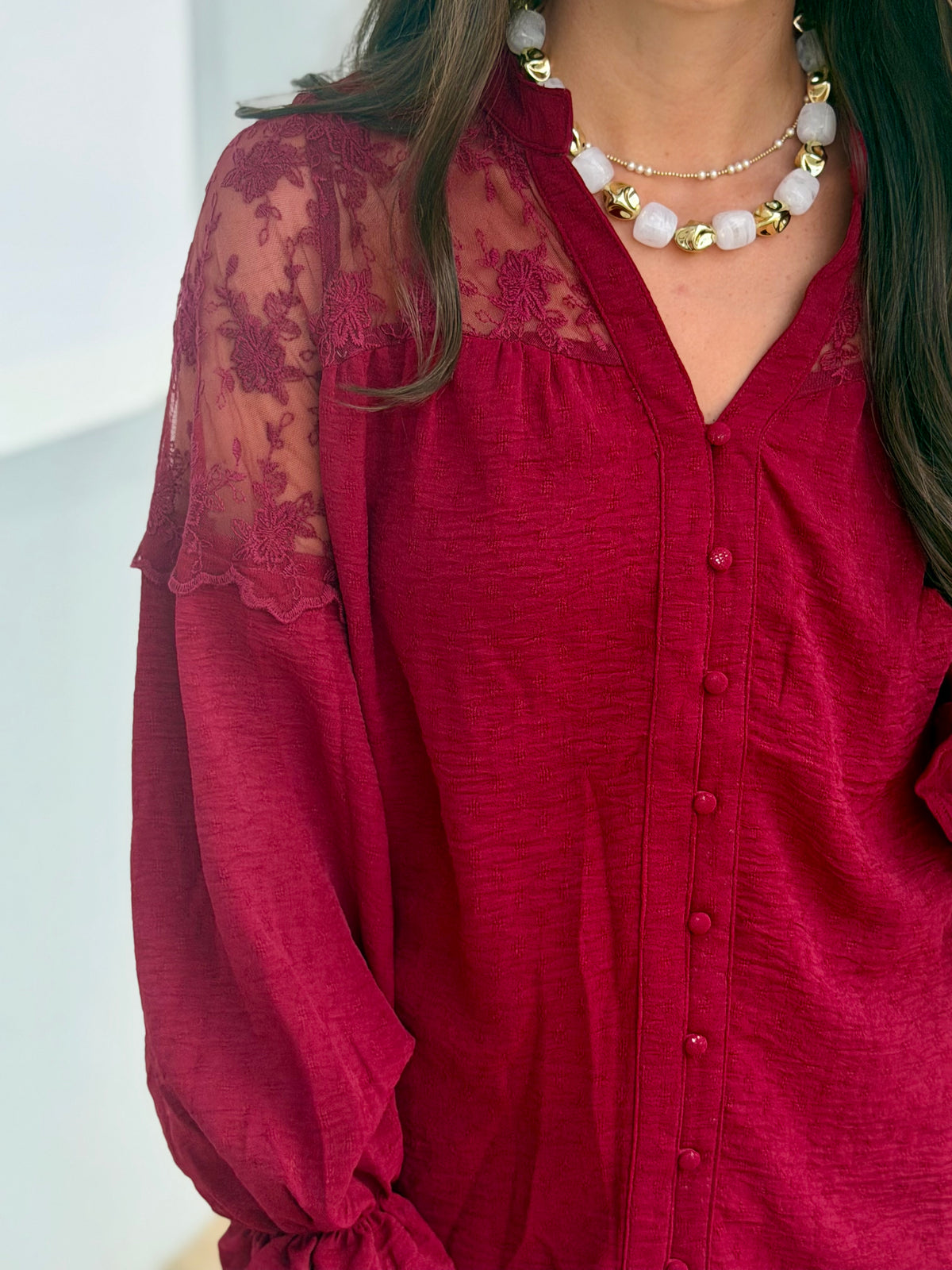 Lace Contrast Button Down Blouse, Maroon