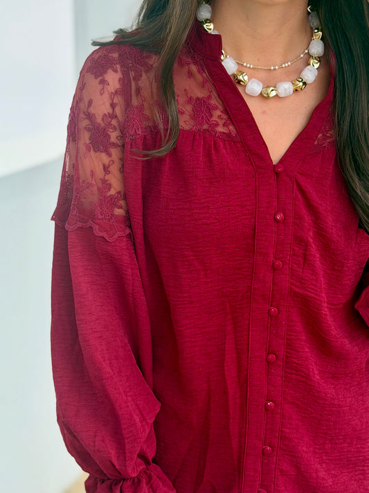 Lace Contrast Button Down Blouse, Maroon