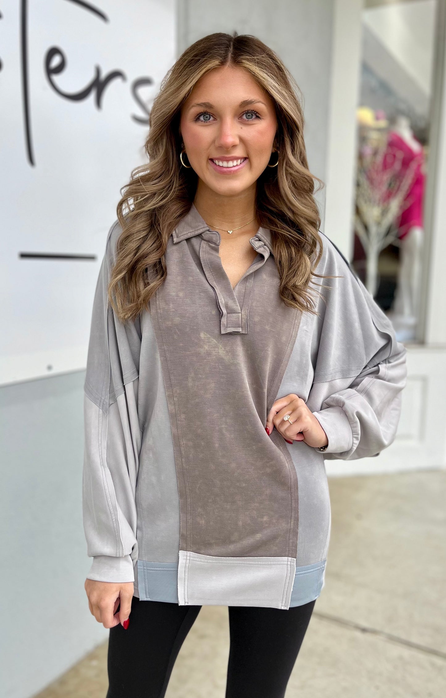 Grey Mineral Washed Color Block Oversized Top