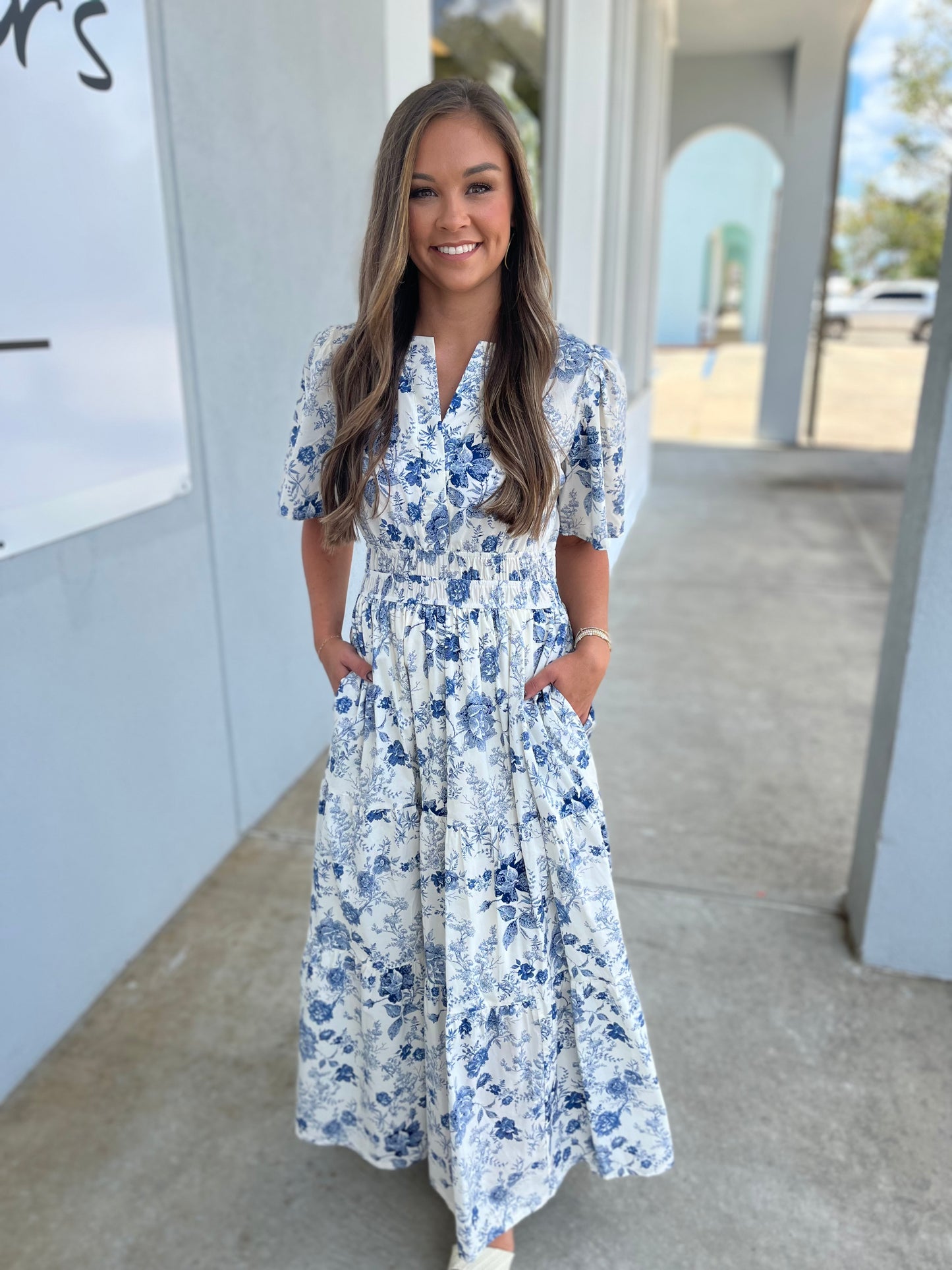 Blue Half Sleeve Woven Print Tiered Maxi