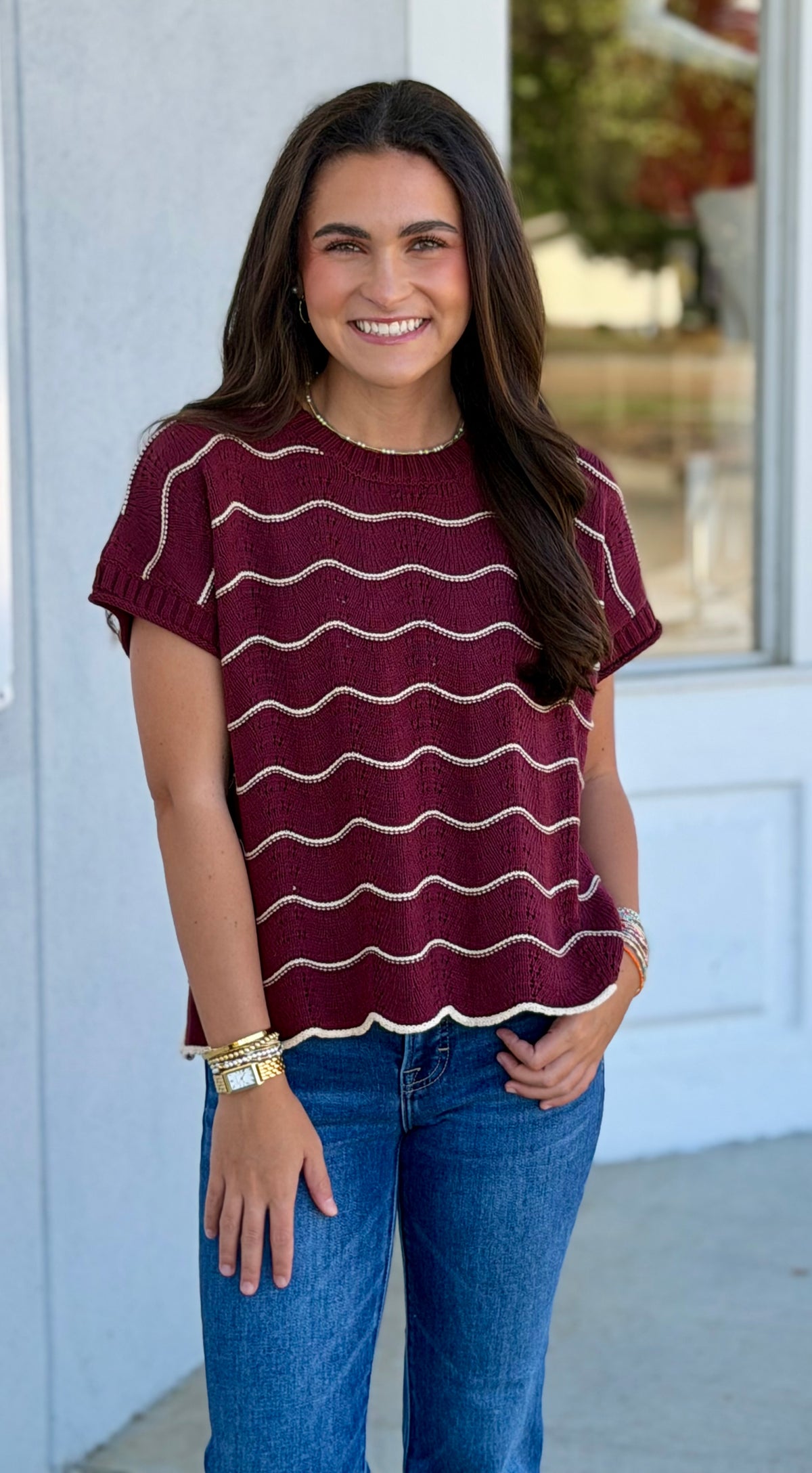 Wine Scallop Pattern Sweater Top
