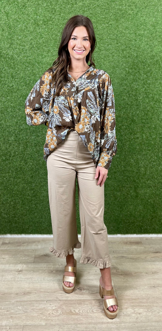 Taupe Straight Leg Ruffle Hem Pants
