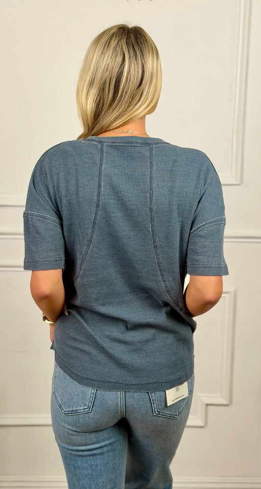 Cotton Blend Mineral Wash Waffle Top, Midnight Navy